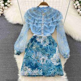 French Tea Break Dress High Level Light Luxury Long Sleeve Round Neck Lace Splice Waist Slim Jacquard Skirt