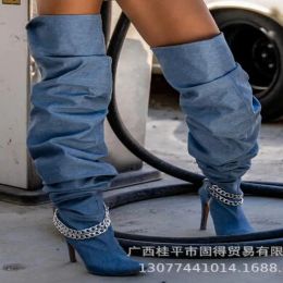 Light Blue Jeans Denim Double Sliver Metal Chain Pointed Toe Thin Heels Over The Knee Boots Women Hidden Zipper Run Way Boots