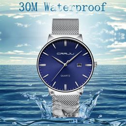 CRRJU Mens Blue Dial Business Watches Mens Stainless Steel Waterproof Fashion Quartz Watch Slim Dress Clock Male312o