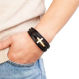 Charm Bracelets Mens Black Leather Bracelet Multi Layer Braided Cross Religious Confirmation Gifts Classic Design