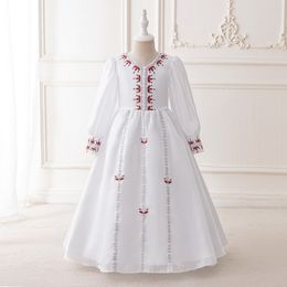 Abiti da spettacolo per ragazze con scollo a V bianco musulmano a maniche lunghe Abiti da ragazza di fiori Abiti da compleanno/festa per ragazze Gonne per tutti i giorni Abbigliamento per bambini SZ 2-10 D326169