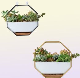 Hanging Succulent Flower Pots Ceramic Flowerpots Stand Holder Black Gold Iron Rack Bamboo Tray Desktop Geometric Cactus Planter Y21719090