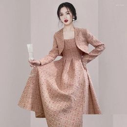 Work Dresses Women T Dress Set 2023 Autumn And Winter Cropped Jacket Long Luxury Elegant Korean Pink 2 Piece Drop Delivery Apparel Wom Ottrd