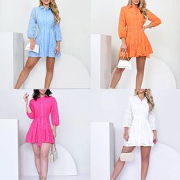 24 SpringSummer Pure Cotton Jacquard 74 Sleeve Belt Shirt Collar Short Dress 240326