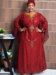 Plus Size African Clothes for Women Dashiki Ankara Embroidery Bazin Riche Design Wedding Party Dresses with Headscarf 240315