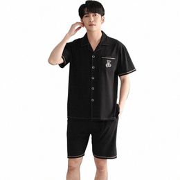 summer M-4XL Modal Men Pyjama Set Short Sleeve Pijama Turn-down Collar Sleepwear Short Tops+Short Pants 2Pcs Set O7ET#