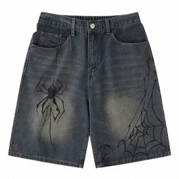 Y2k azul denim shorts aranha cobweb impresso verão solto casual jeans shorts fi harajuku hip hop streetwear shorts para homem i1y7 #