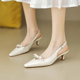 Dress Shoes Summer Women Sandals Split Leather For Pointed Toe Thin Heel Cover Slingback Bow-knot