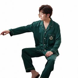 men Green Pyjamas Set Satin Silky 2PCS Sleepwear Lg Sleeve Shirt&Pants Male Casual Sleep Set Spring New Pyjamas Suit Homewear s6P3#