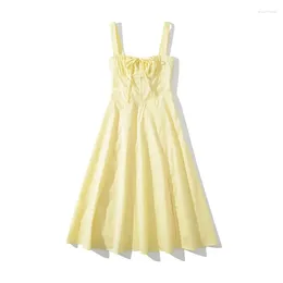 Casual Dresses YENKYE 2024 Women French Style Yellow Sling Dress Sexy Sleeveless Cross Lacing Up Back Slit Hem Elegant Ladies