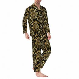 da Floral Sleepwear Autumn Black And Gold Retro Oversized Pyjama Sets Man Lg Sleeve Comfortable Leisure Printed Nightwear 040B#