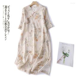 Party Dresses 2024 Arrival V-neck Print Floral Thin Light Soft Loose Chinese Style Summer Dress Robes Fashion Women Travel Casual