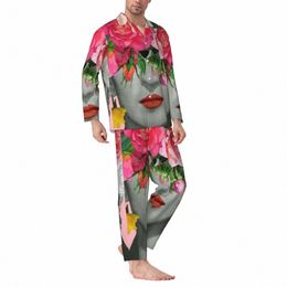 abstract Women Head Pyjama Sets Autumn Beautiful Frs On Head Sleep Sleepwear Men Two Piece Casual Oversized Custom Nightwear p02C#