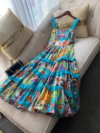 2024 Summer Fashion Holiday Cascading Ruffles Cake Dress Womens Spaghetti Strap Floral Cartoon Print Vacation Party Vestido 240325