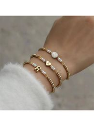 1 st mode rostfritt stål hjärta faux pärla dekor pärlband armband för kvinnor för daglig dekoration
