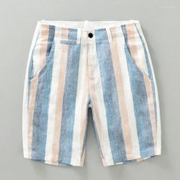 Men's Shorts 2024 Summer Contrast Striped For Men Pure Linen Lightweight Beach Straight Loose Casual Button Up Short Pants