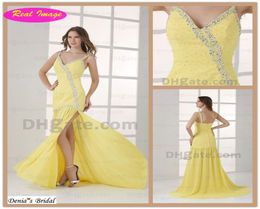Honorable Spaghetti beading Strap Prom Dresses Light Yellow Chiffon Splite Side Evening Dress HX78 dhyz 012274411