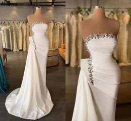 Elegant White Modern Prom Dresses Sparkle Rhinstones Sexy Strapless Peplum Ruched Formal Party Evening Gowns Arabic Aso Ebi Women Second Reception Dress