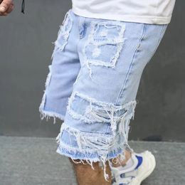 Summer Men High Street Ripped Patch Denim Shorts Stylish Solid Casual Male Straight Jeans Shorts 240325