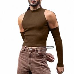 sexy Off Shoulder T shirts For Men High Neck Lg Sleeve Tight Turtleneck Tops Summer Casual Slim Hollow Out Crop Tee Streetwear u79G#