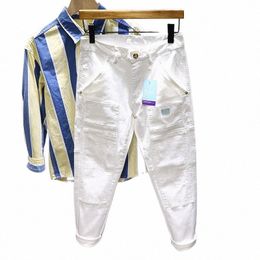 white Stitching Jeans for Men Fi Slim Stretch Multi-pocket Persality Biker Denim Jeans Pants Trousers Male Streetwear 74hy#