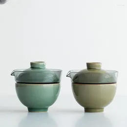 Cups Saucers Yue Kiln Celadon Express Travel Tea Cup Glass Cover Bowl One Pot Set Acrylic Portable Cloth Bag