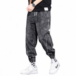 men Loose Binding Korean Fi Harlan Jeans Streetwear Drawstring Harajuku Baggy Denim Cargo Pants j94q#