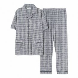 cott Pijama For Man Striped Pajama Sets Short Sleeve Turn-down Collar Casual Soft Mens Homewear Sleepwear Set Summer D9U4#