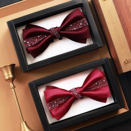 Highend festive fashion texture dinner host sparkling diamond deep burgundy wedding groom bow tie 240320