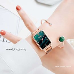 Wristwatches Women Watches Fashion Square Ladies Quartz Watch Bracelet Set Green Dial Simple Rose Gold Mesh Luxury 5373 5045 8067