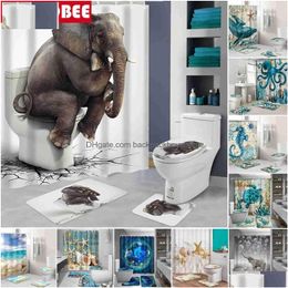 Shower Curtains Ocean Beach Shell Sea Turtle Elephant Curtain 3D Waterproof Bathroom Pedestal Rug Lid Toilet Er Bath Mat Set Drop Del Dh2Oi