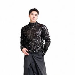 noymei Autumn trend sequin standing neck lg sleeved tight fitting men's T-shirt trendy beaded bottom persalized top WA3096 w7hM#