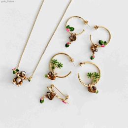 Earrings Necklace Sloth Jewellery Sets For Women Enamel Glaze Animal Flower Earring Necklace Brooch Tren Party Accessories L240323