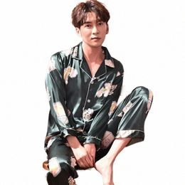 spring Autumn Men Pyjamas Ice Silk Lg Sleeve Pyjamas 2024 New Thin Nightdr Lapel Print Sleepwear Loose Casual Home Wear Set J4Nu#