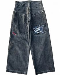 streetwear JNCO Jeans Y2k Hip Hop Carto Stampa grafica Vintage Jeans larghi Pantaloni neri Uomo Donna Pantaloni a gamba larga a vita alta 23br #