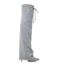 New Women Grey Cotton Fabric Pointed Toe Thin Heels Lace Up Front Knee High Pants Boots Female Tube Slip On Slim Long Botas Shoe