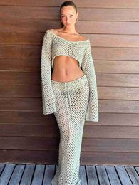 Women's Swimwear Yiiciovy sexy womens 2-piece crochet hollow swimsuit 2PCS covered shoulder knitted cut top and long sleeved beach jacket 24326