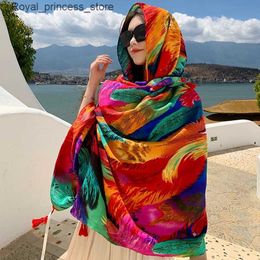 Scarves Fashionable Womens Beach Scarf Bohemian Flower Summer Headband Shawl and Wrap Womens Founder Echarpe Designer Pashmina Bandana 2023 Q240326