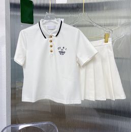 Designer set high-quality short sleeved lapel pocket top polo shirt pleated skirt women's dress