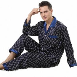 printed Sleepwear Men Satin Pyjamas With Butts Lg Sleeve Pyjamas Pour Femme Casual Home Clothes Lapel Loungewear Lingerie T01U#