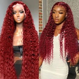 99j Colored Lace Front Human Hair Wigs Deep Wave Burgundy 13x6 Hd Lace Frontal Wig 13x4 Brazilian Glueless Preplucked Curly Wigs