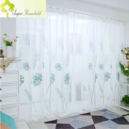 Curtains Blue Plantain Leaf Embroidery Tulle Curtains for Living Room Bedroom Kitchen Window Treatments Sheer for Children's Bedroom Kids