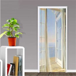 Stickers 3D Glass Window Door Exterior Scenery Door Sticker Nature Landscape SelfAdhesive PVC Bedroom Decor Wallpaper Design Wall Decal