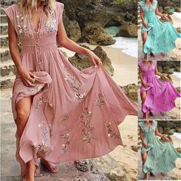 Casual Dresses Bohemian Elegant V-neck Print Midi Flying Sleeve Dress Women Vacation Beach Style Elastic Waist Sexy Maxi Robe Vestidos