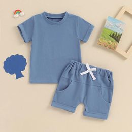 Clothing Sets Solid Colour Summer Kids Children Clothes Set For Boys Outfits Rolled Hem Short Sleeve Tops Elastic Waist Shorts 2Pcs Toddler