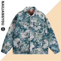 Full Flowers Jacquard Denim Jacket Men Korean Fashion Turndown Collar Women Loose Couples Casual Coat Autumn 2023 240311