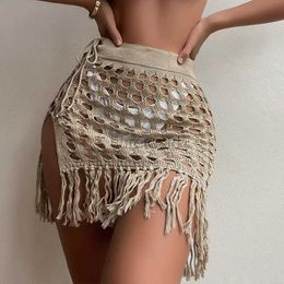 Women's Swimwear Womens Knitted Sarongs Cover Solid Color Hollow View Tassel Mini Beach Skiing Summer Drawstring Sewn Swimsuit 240326