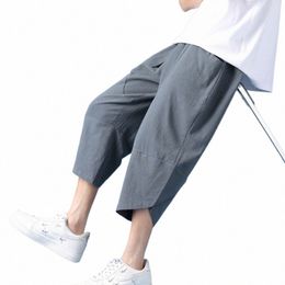 mens Harem Pants Linen Youth Elastic Waist Solid color shorts Male Casual Cropped Pants A1HX#