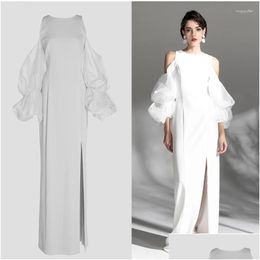 Basic Casual Dresses Elegant White Evening 2023 Off The Shoder Puffy Long Sleeves Satin Side Slit A-Line Prom Party Women Drop Deliver Otl0V