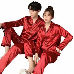 Colour Butt-down Pijama Solid Suit Size Set Silk Men Satin Pyjamas Women Lg Pj Loungewear Plus Couple Sleepwear Pyjamas 14sV#
